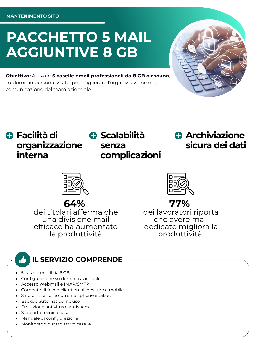Pacchetto 5 Mail aggiuntive 8 GB - hosting e mantenimento - netkom - modena